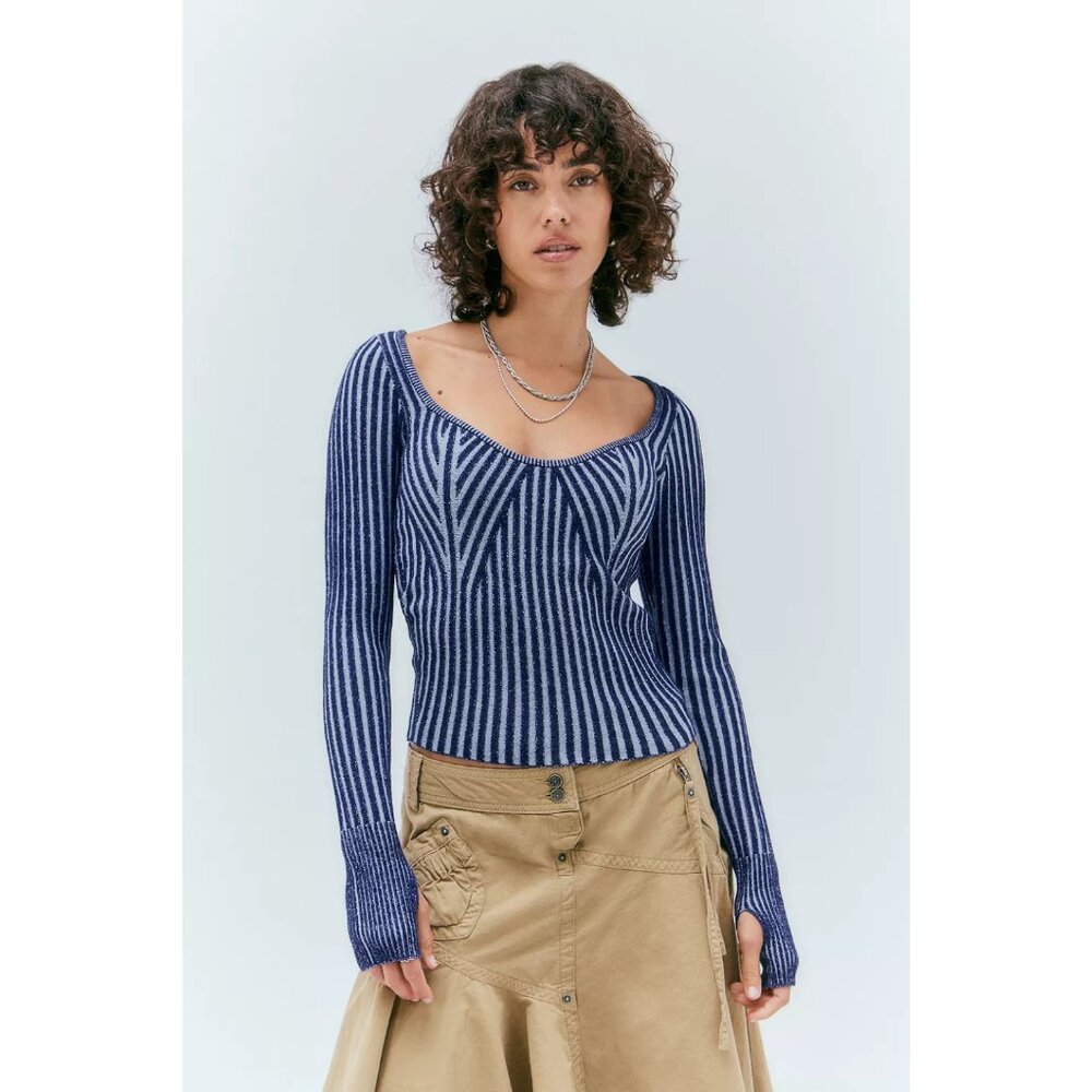 Urban Outfitters UO Plated Ribbed Long-Sleeved Top Sweater Blue Size Small